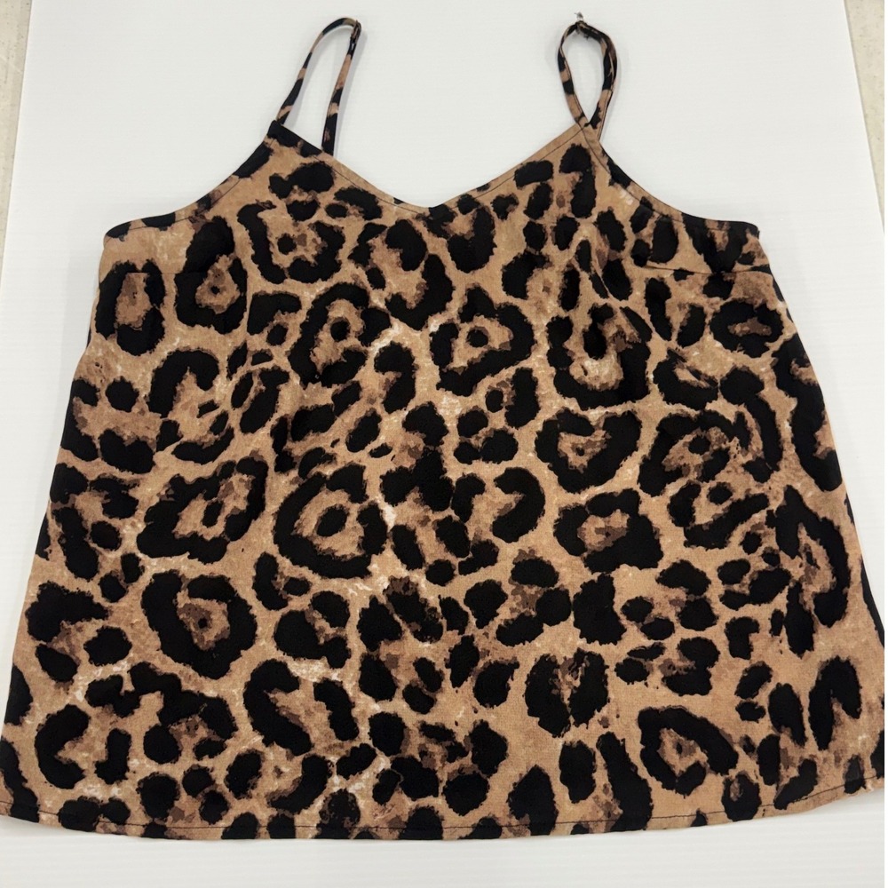 Gray + Bleu Leopard Print Camisole V-Neck Spaghetti Strap Tank Top Brown Black M